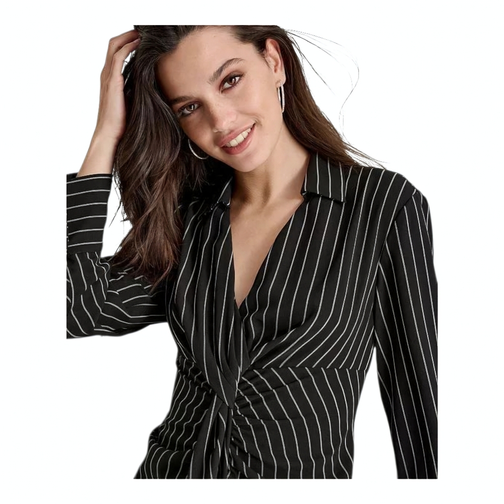 DKNY Women's Striped Twist-Front Collared Dress Black Size 4 - Picture 2 of 5
